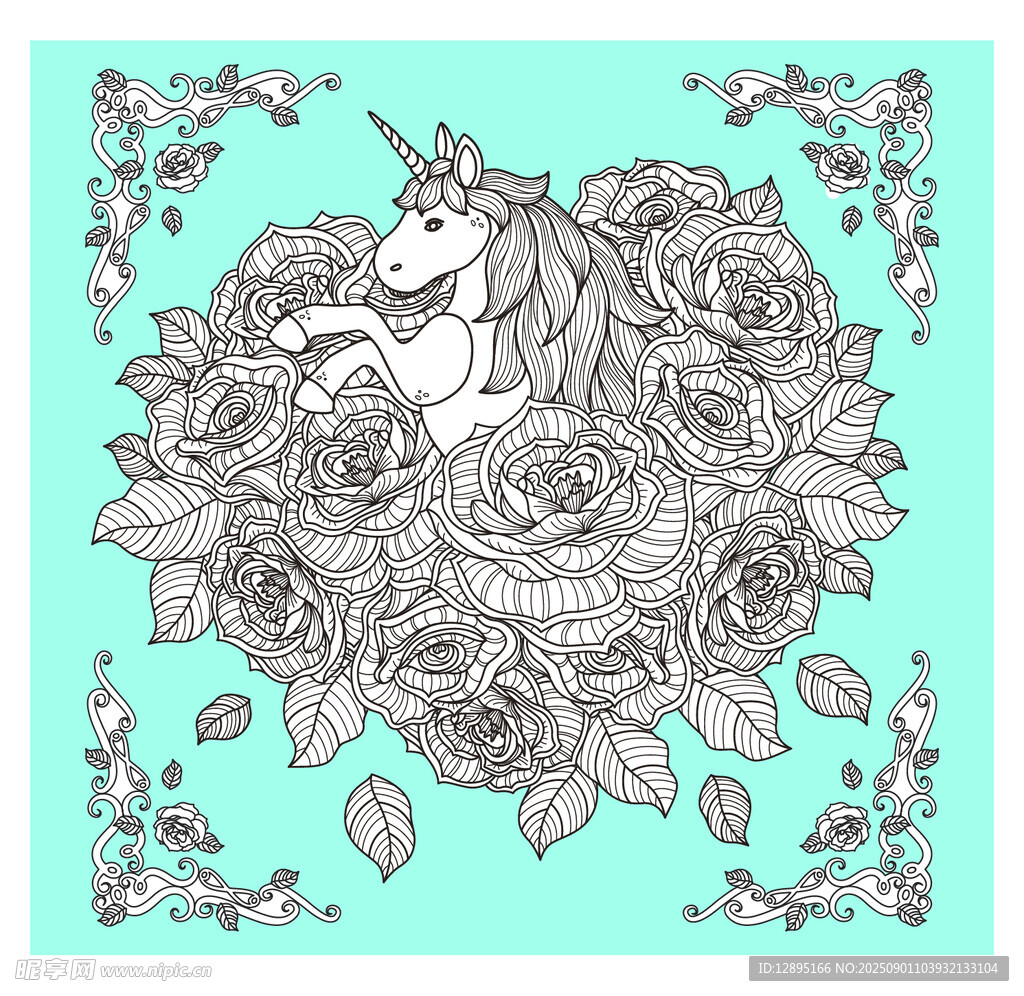 独角兽与玫瑰插画图案