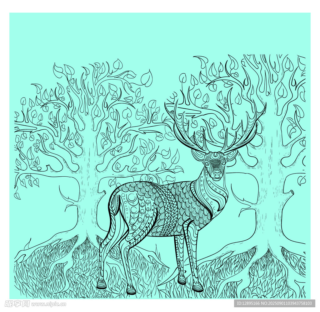 森林中的麋鹿线条插画
