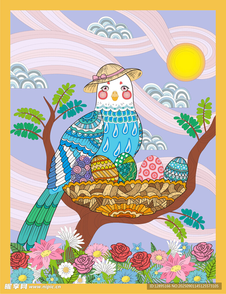 枝头彩鸟与满篮水果