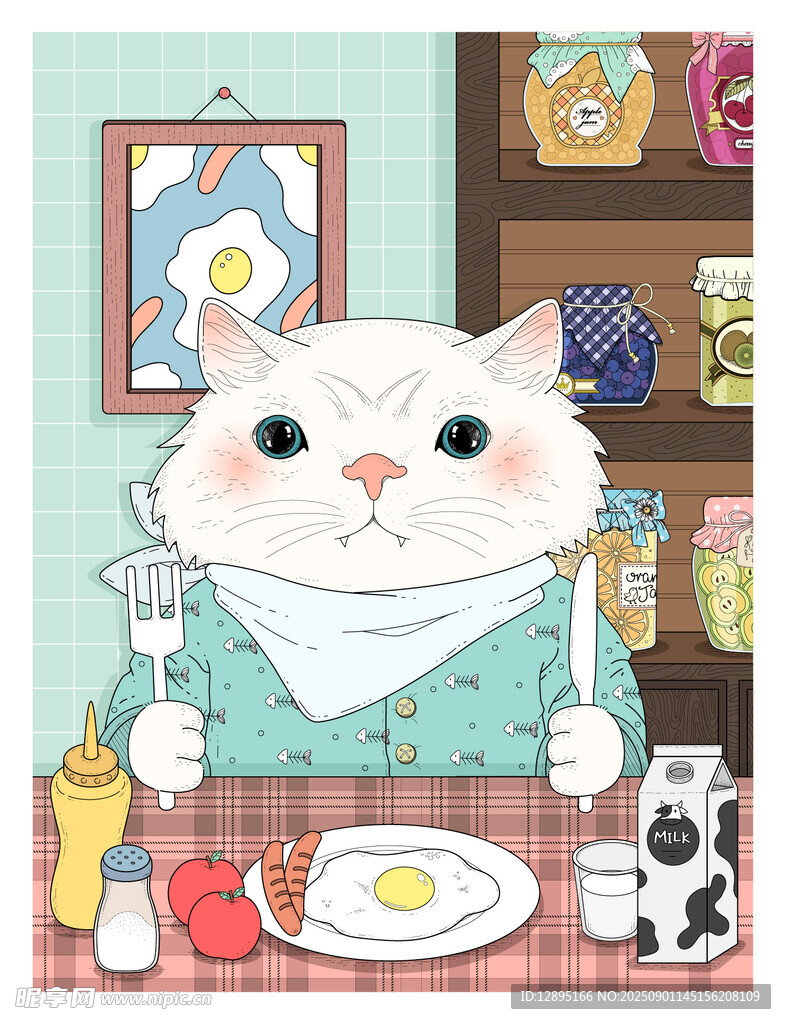 猫咪惬意享早餐