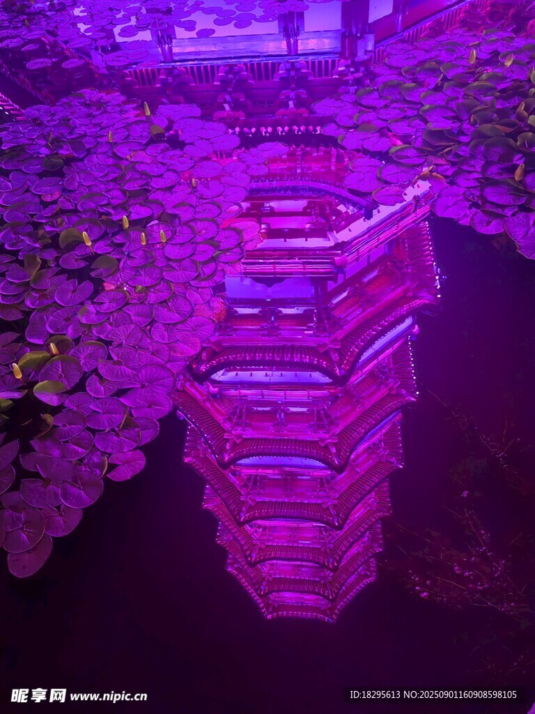 紫色灯光下的独特建筑景观