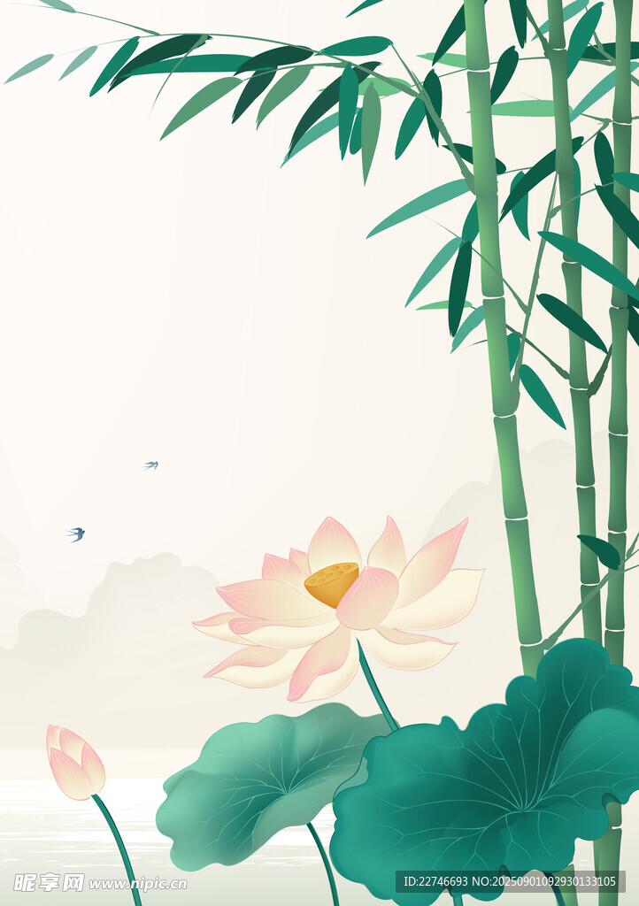 水墨荷花翠竹背景
