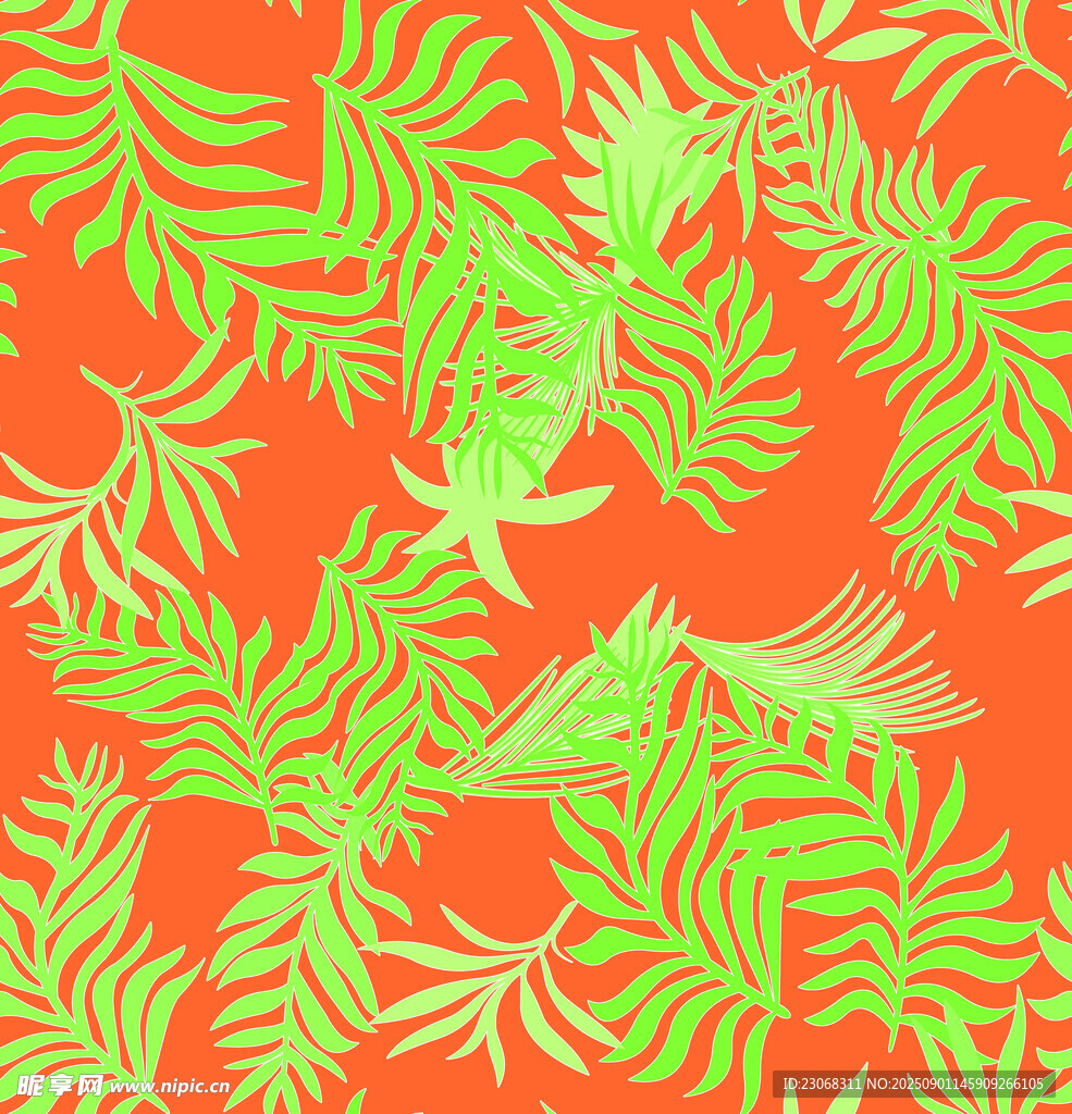 橙底绿叶植物图案纹理