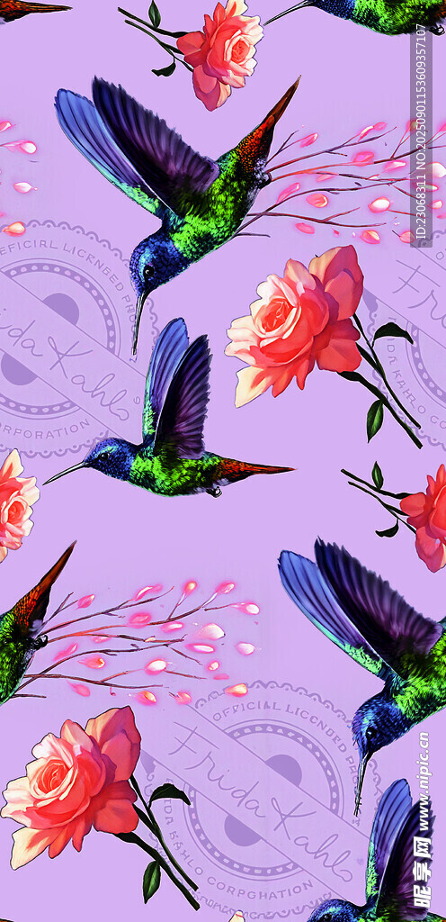 蜂鸟与花卉的梦幻图案