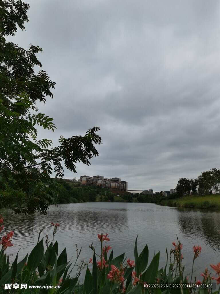 湖畔阴云下的静谧景致