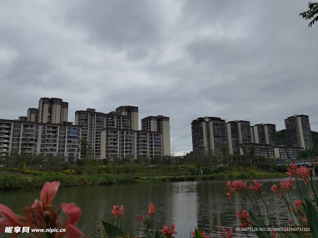 湖畔对岸高楼景观