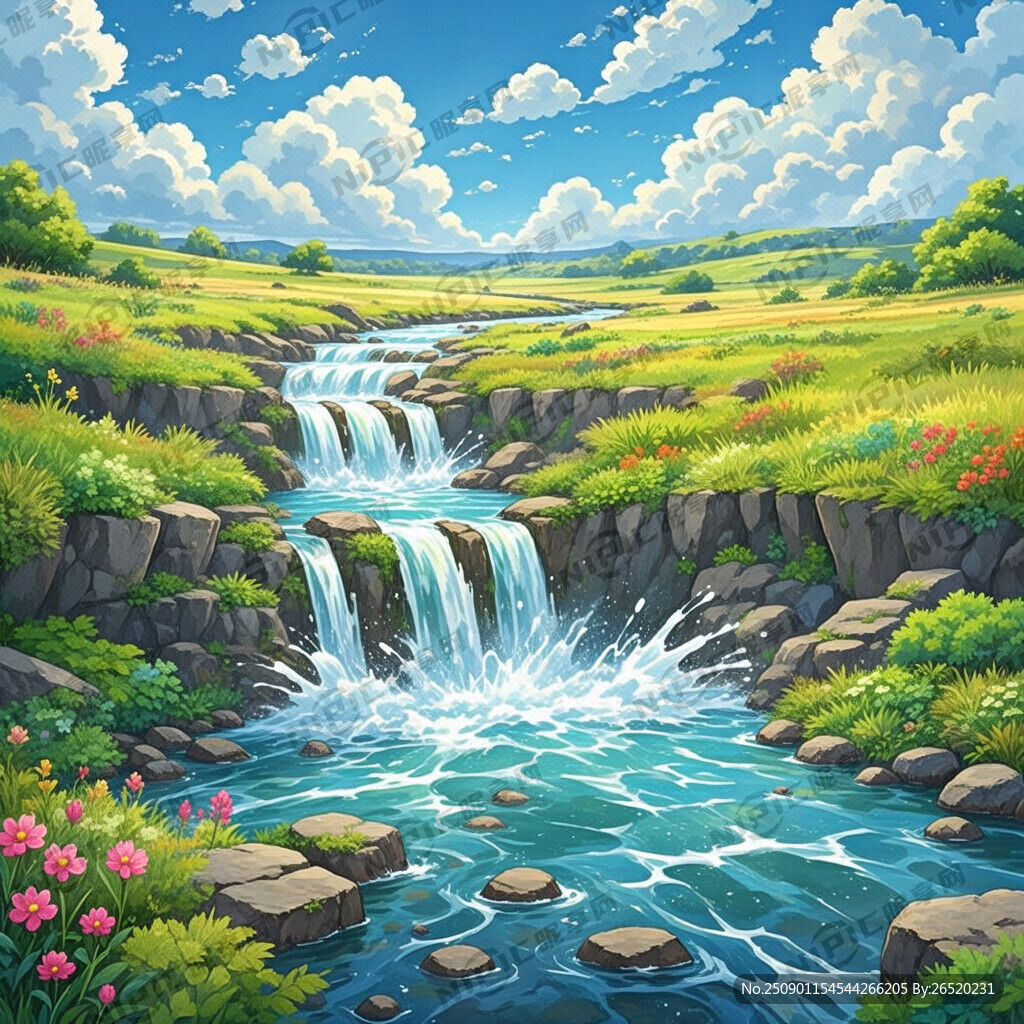 瀑布河流 平原草地 自然风光