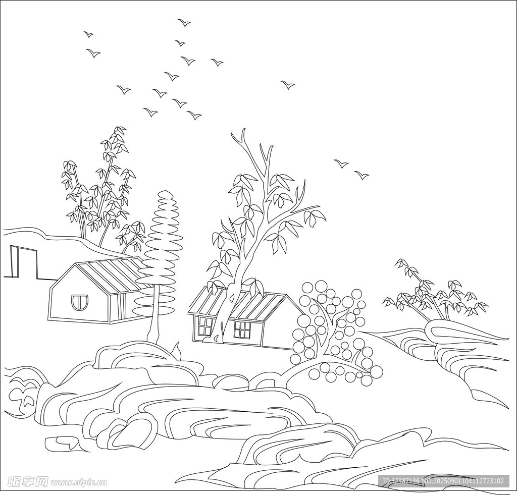 水墨乡村风景简笔画