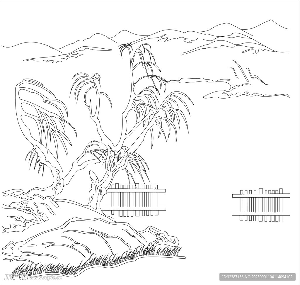 水墨山水线描图