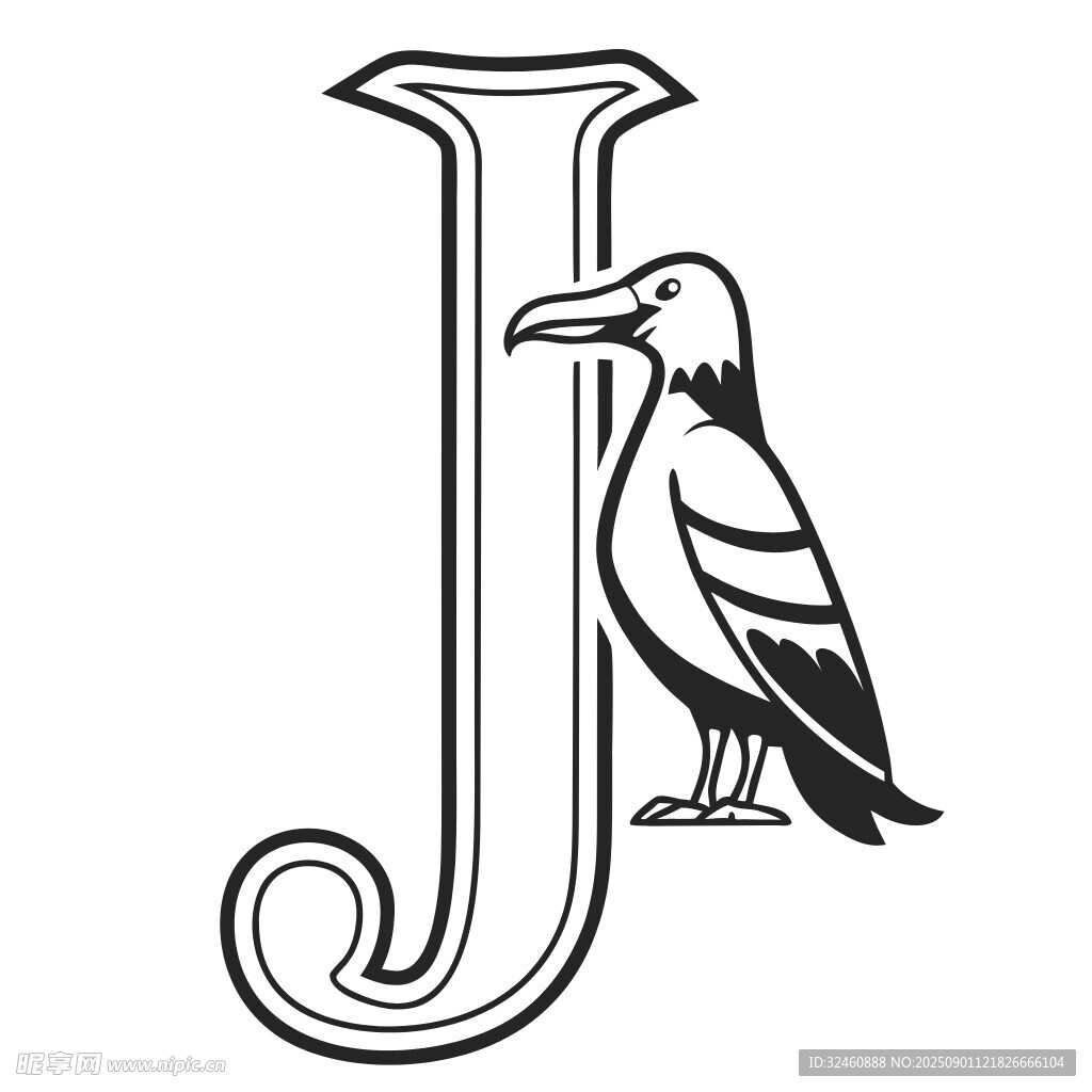 字母J旁的鸟图案设计