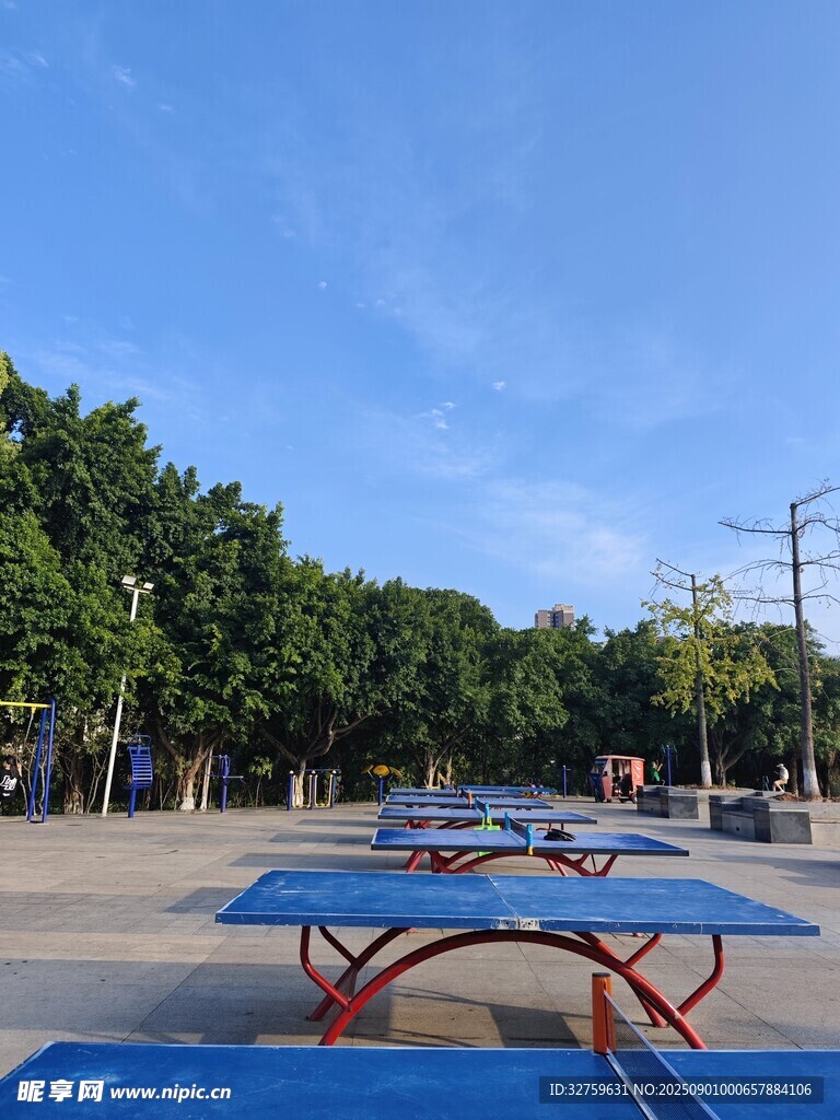 户外乒乓球桌与绿树蓝天