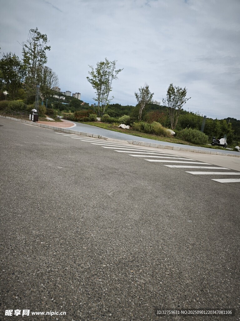 空旷道路与远处绿植景观