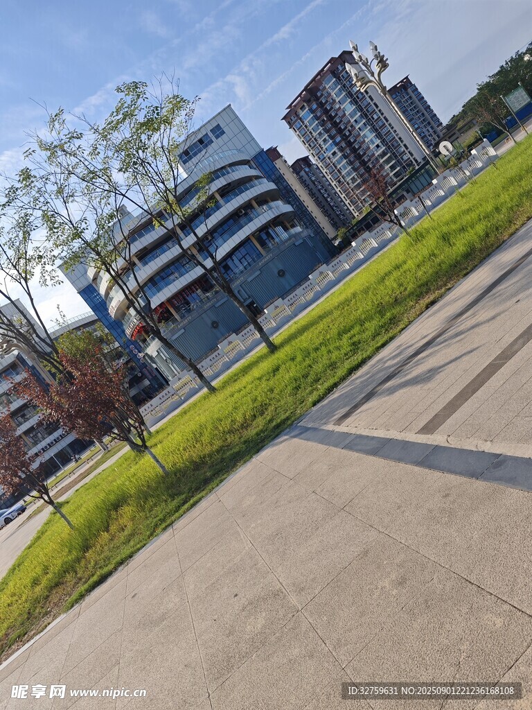 现代城市建筑与开阔草坪