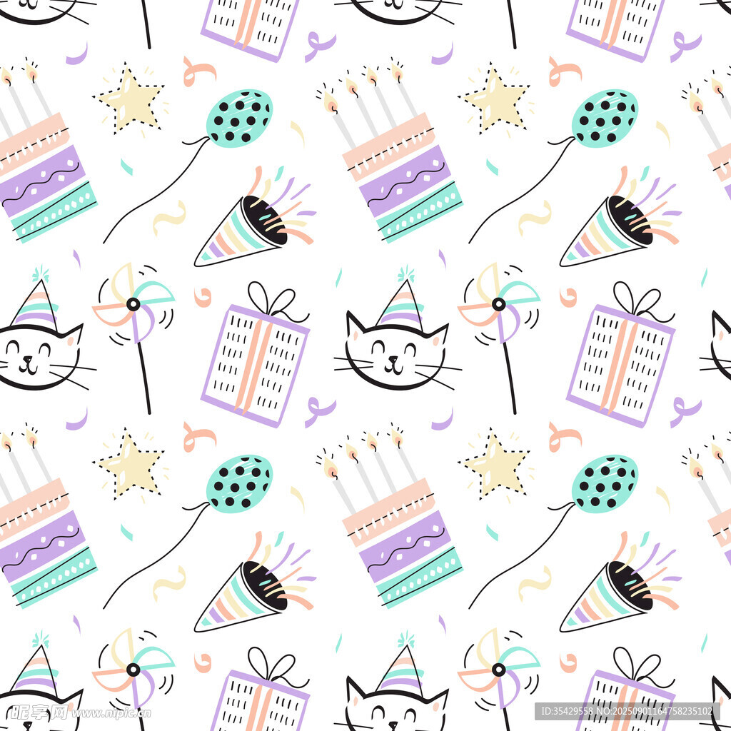 可爱猫咪生日元素无缝图案