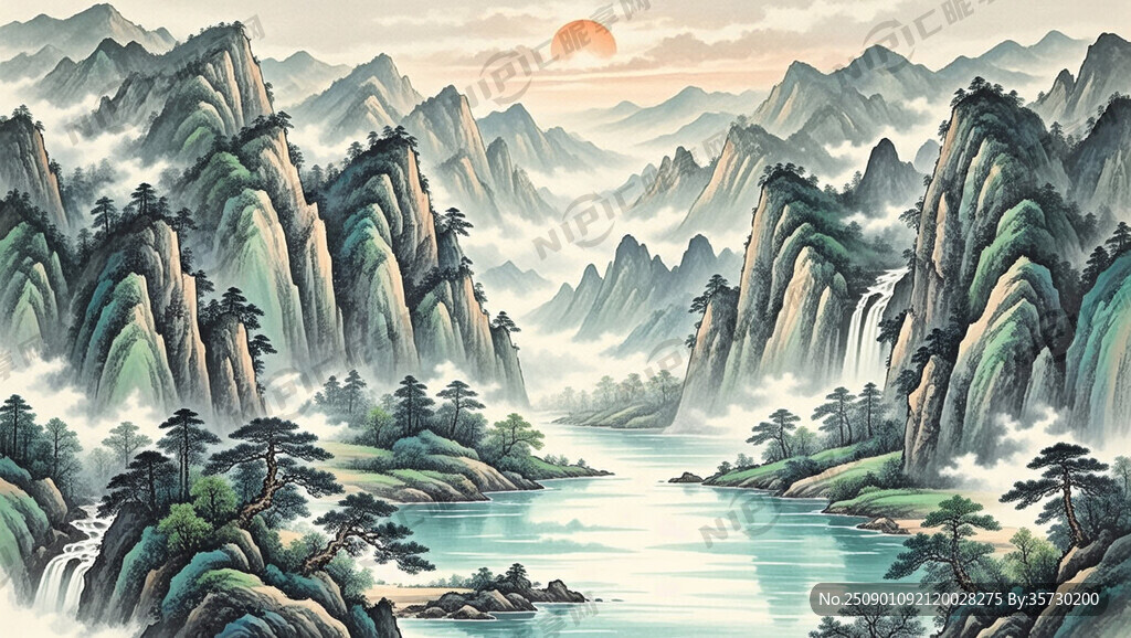 山谷 中国风 中国画 山水