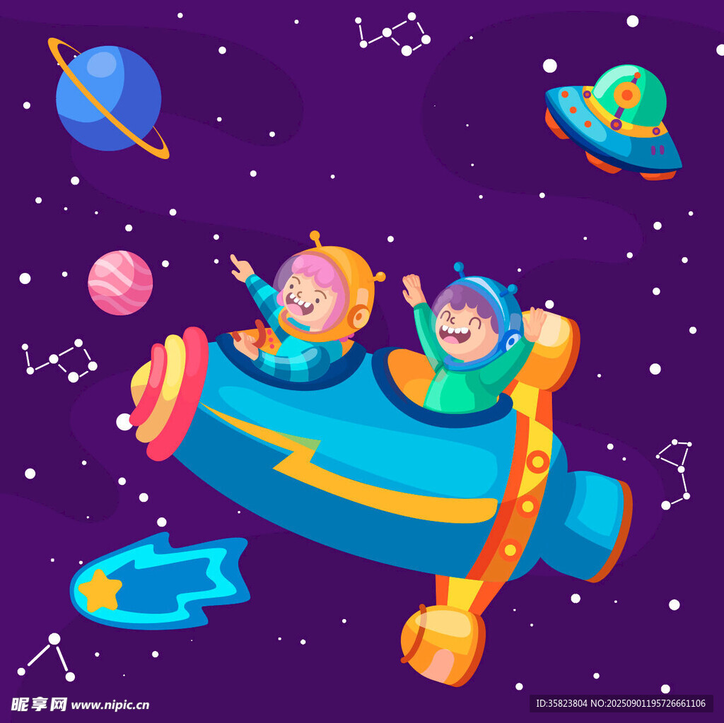 儿童乘飞船畅游梦幻宇宙
