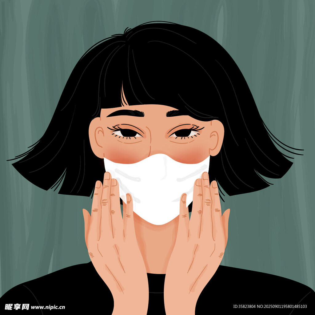 女性佩戴口罩的瞬间