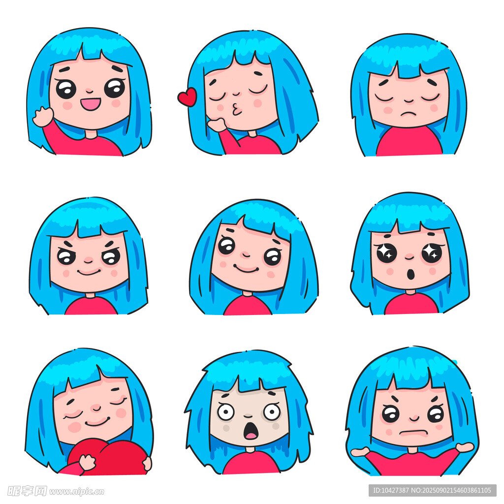蓝发女孩多样表情合集