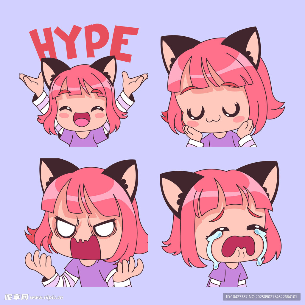 粉色猫耳女孩多样表情