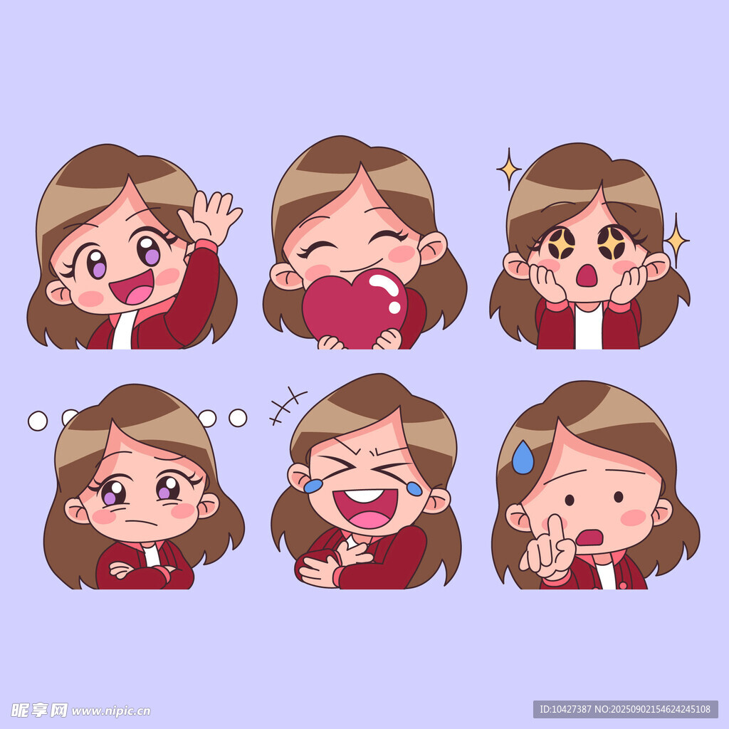 女孩多样表情卡通插画