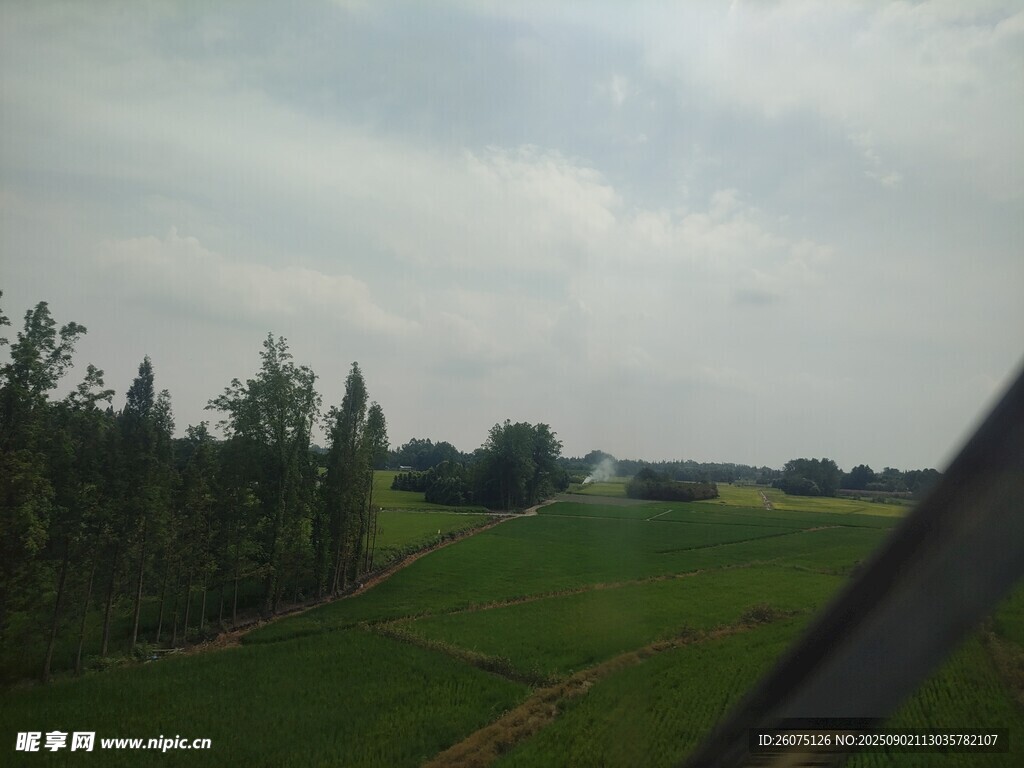 车窗外的田野绿树风景