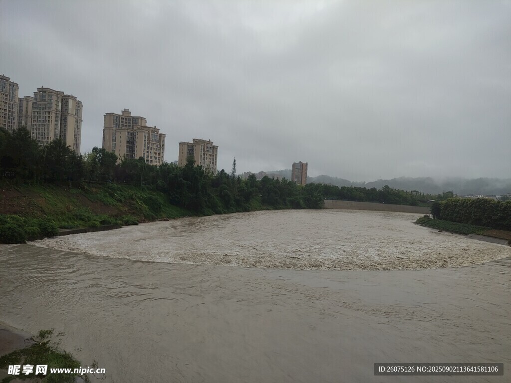 河道涨水的浑浊河水景观
