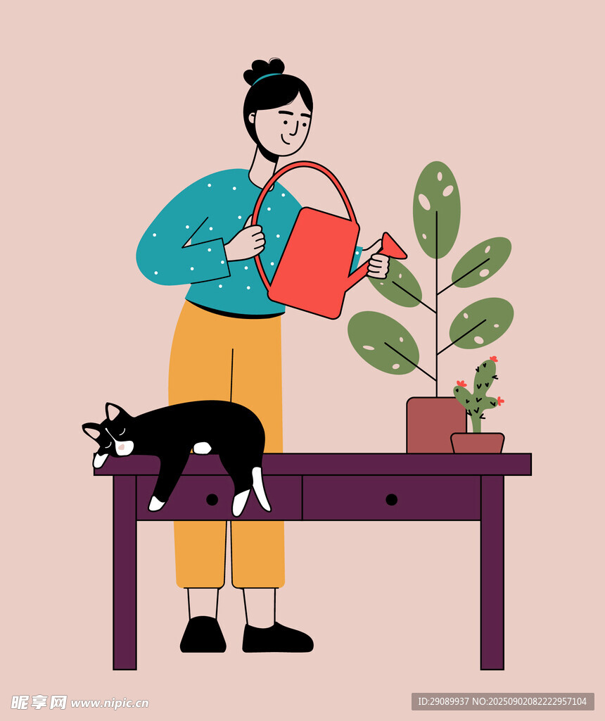 女子浇花与黑猫相伴