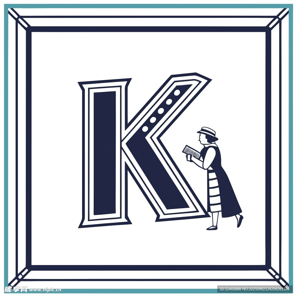 字母K旁的复古人物图案
