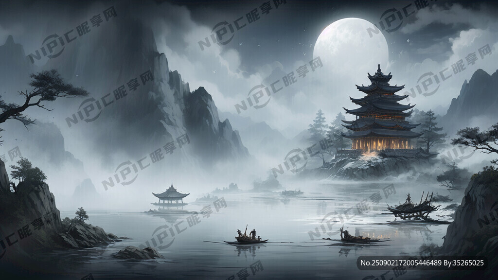 月华如水 重山倒影在水中