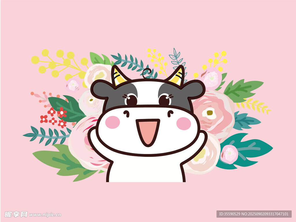 可爱小牛插画花朵环绕