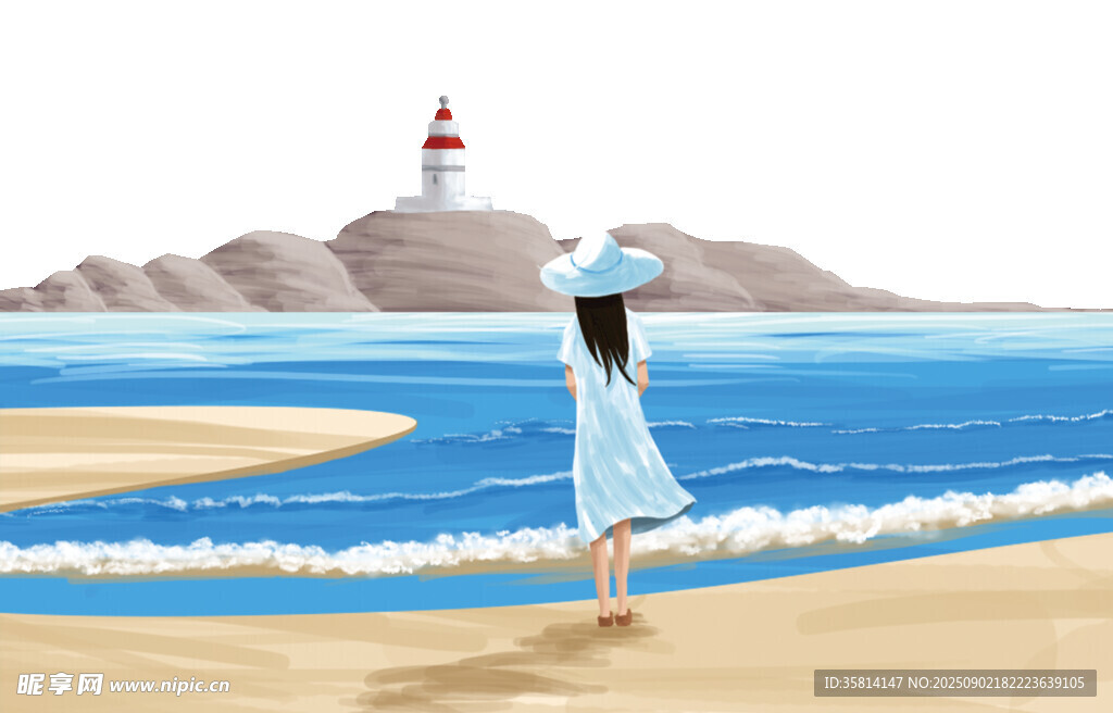 海边漫步的长裙女子
