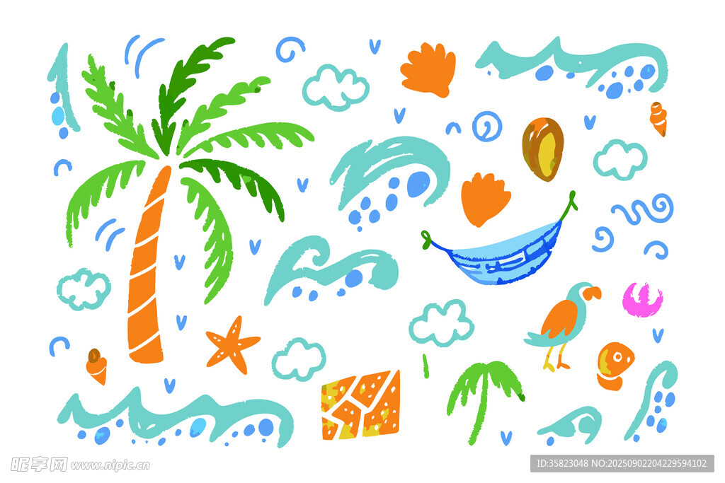 夏日海滨手绘卡通元素