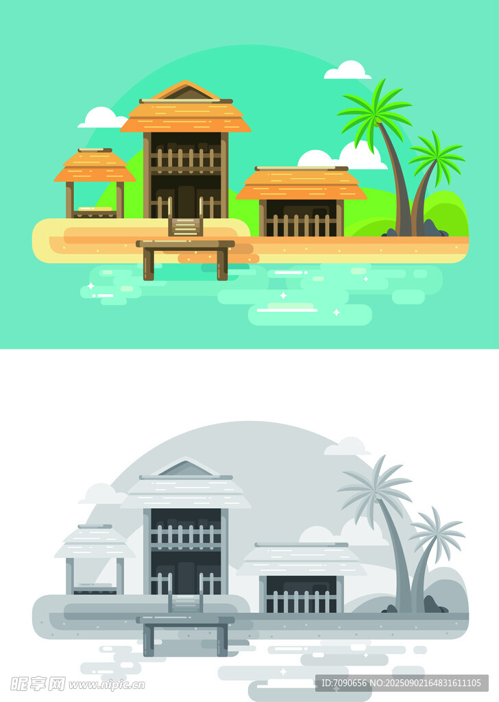海滨度假小屋插画