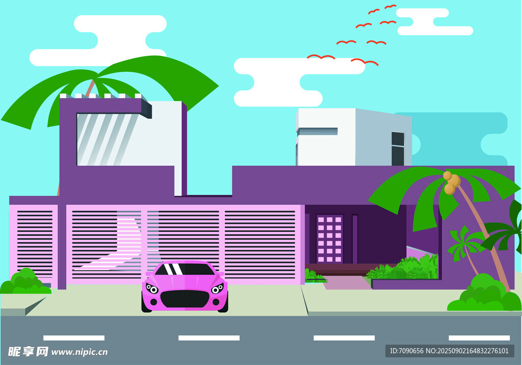 现代风格住宅与粉色汽车