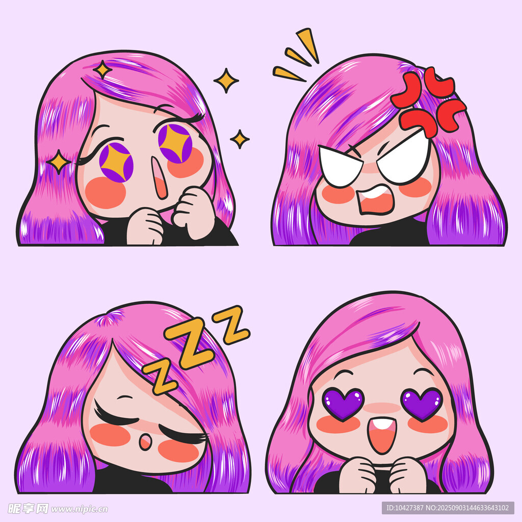 可爱紫发女孩多样表情