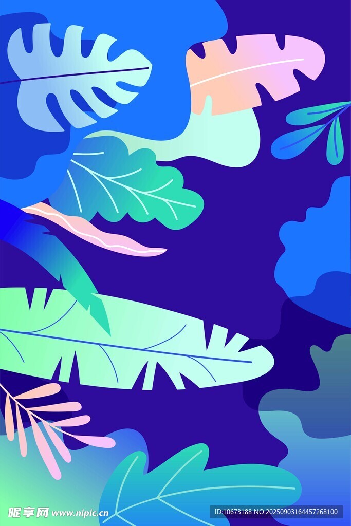 梦幻蓝紫调热带植物插画
