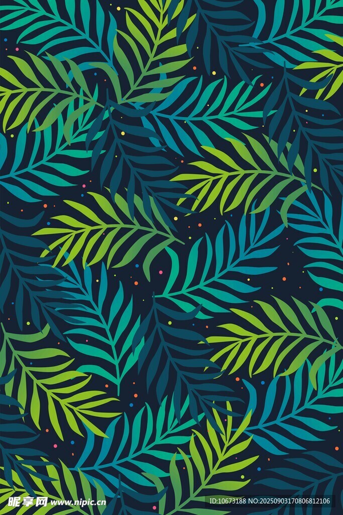 蓝底黄绿叶片植物图案