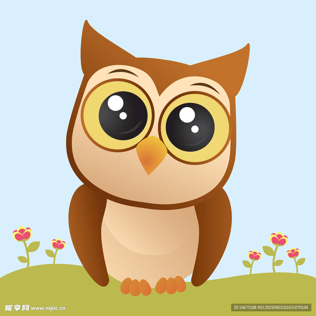 可爱猫头鹰坐在花草间