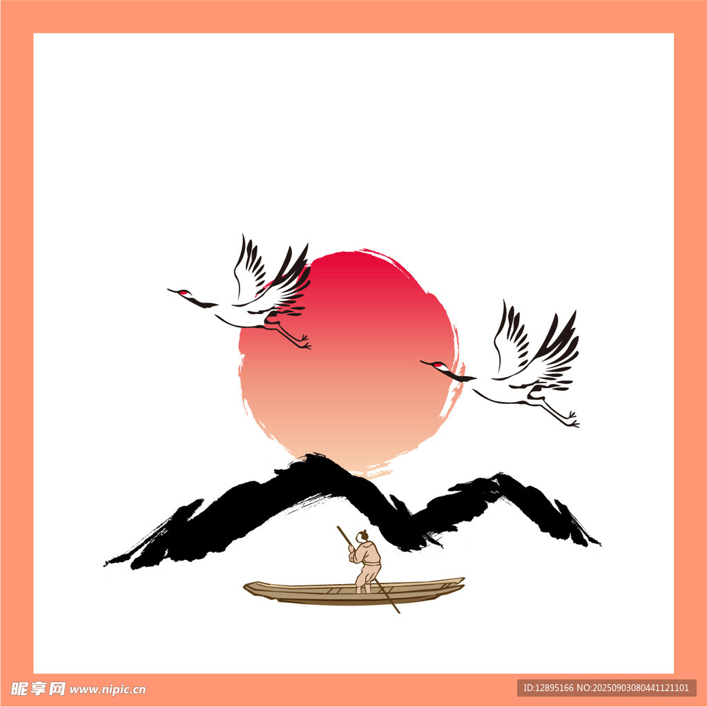 夕阳下的仙鹤与扁舟