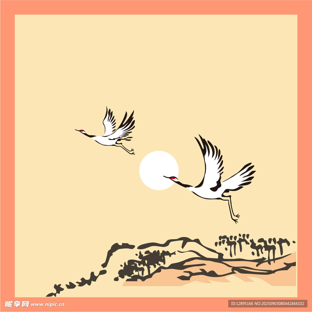 夕阳下双鹤翱翔山水间