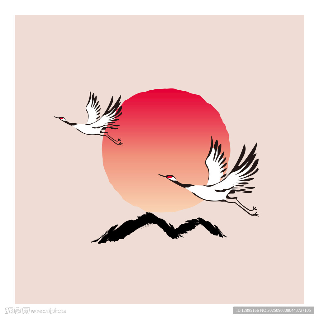 夕阳下双鹤飞翔图