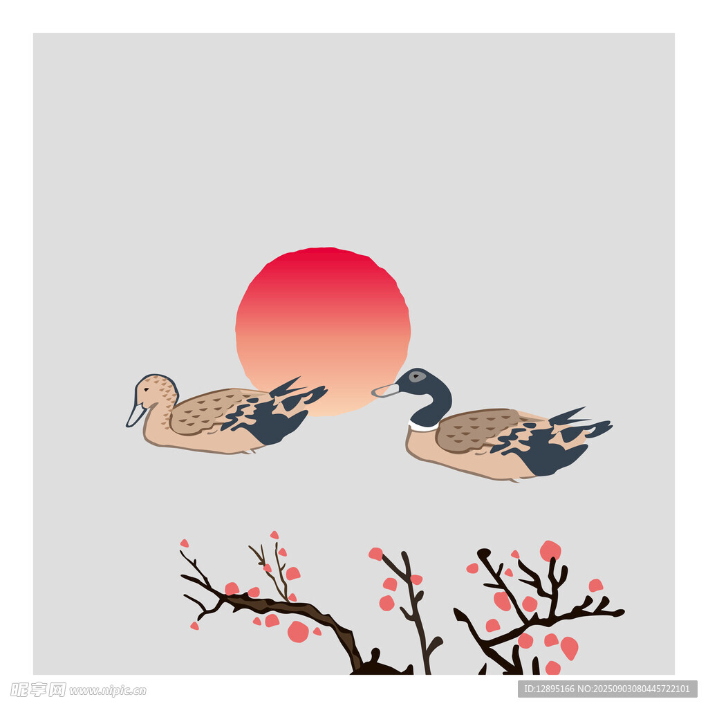 夕阳下双鸭伴花枝