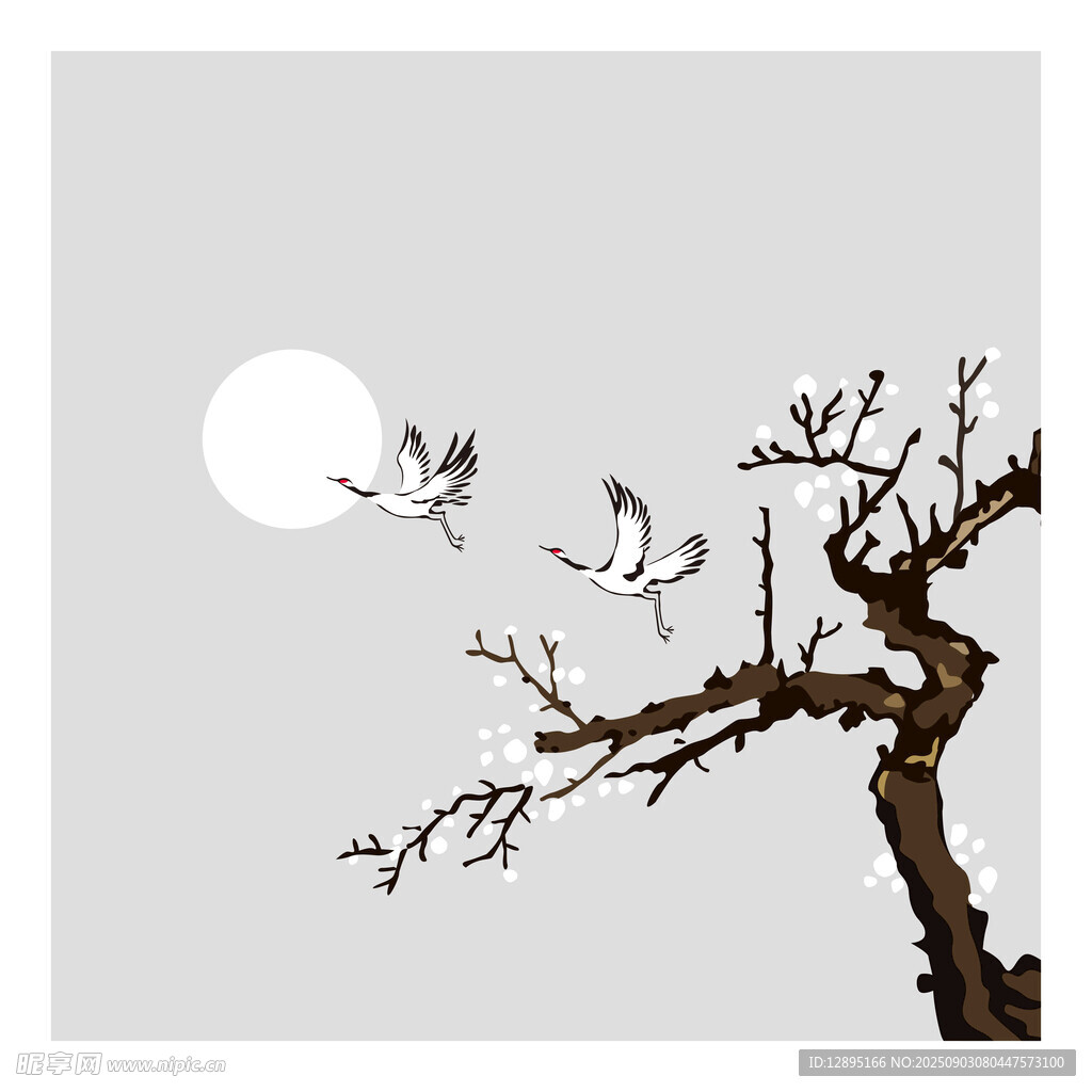 月夜花枝飞鸟图