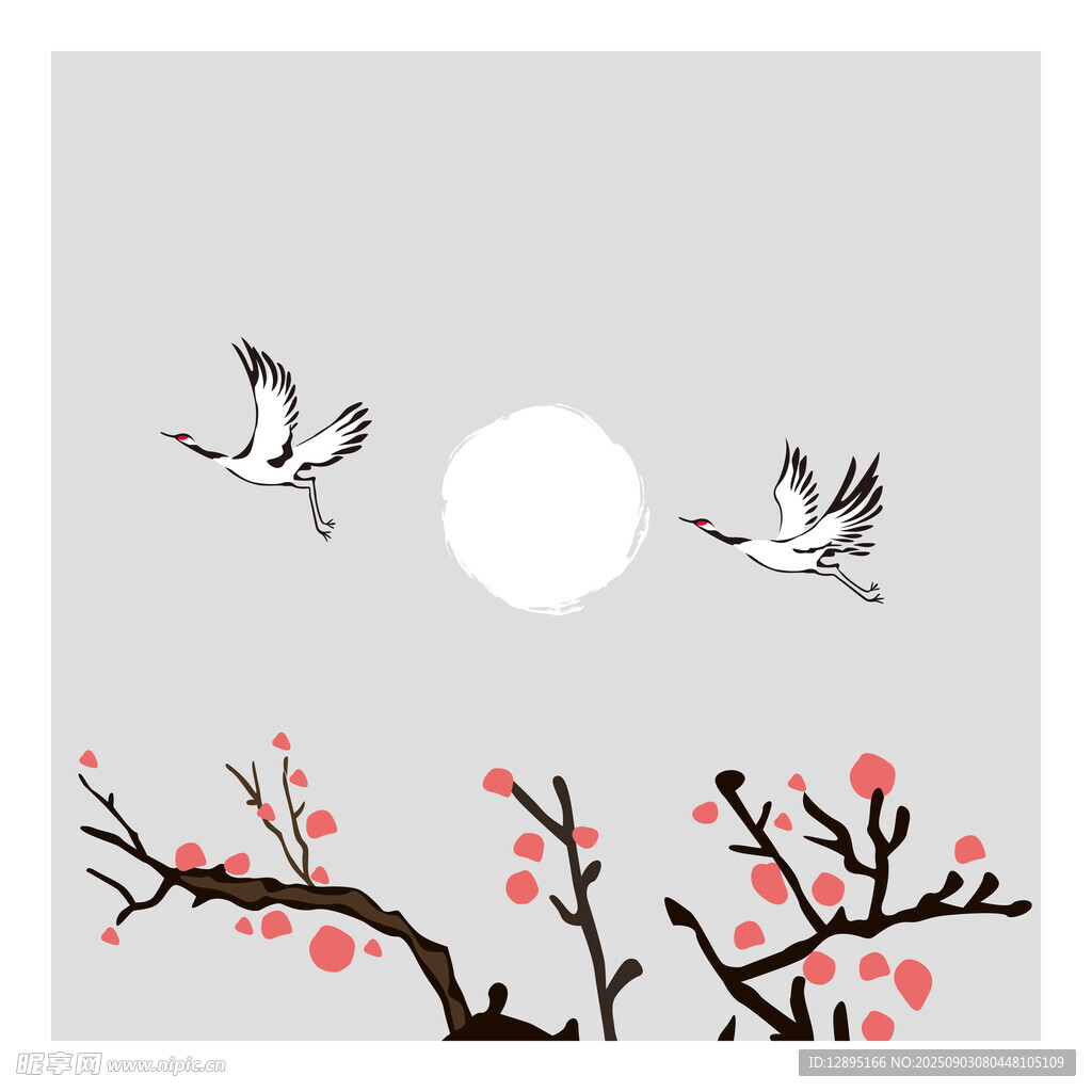 月夜双鹤栖于花枝间