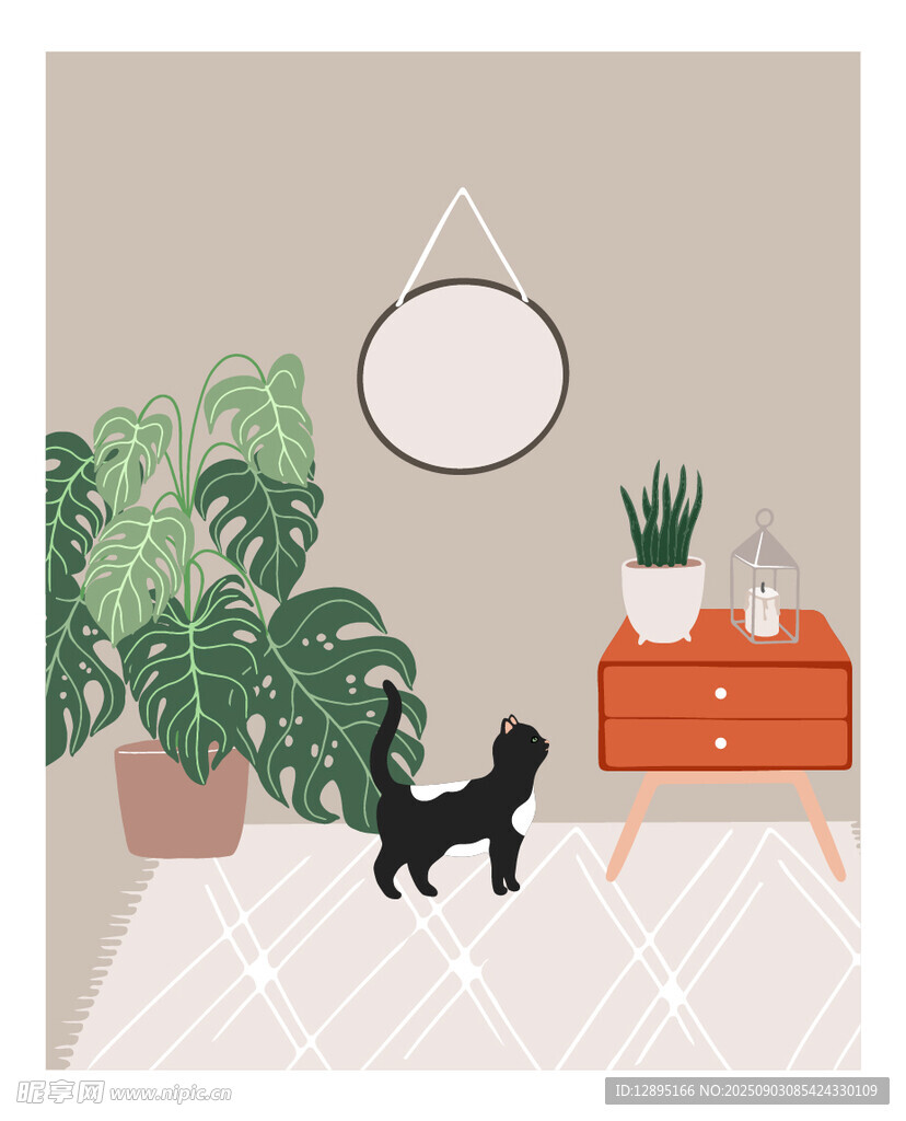 室内萌猫与绿植装饰场景