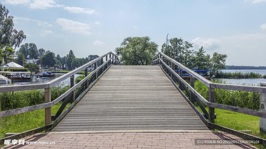 湖畔木桥通向绿意风景
