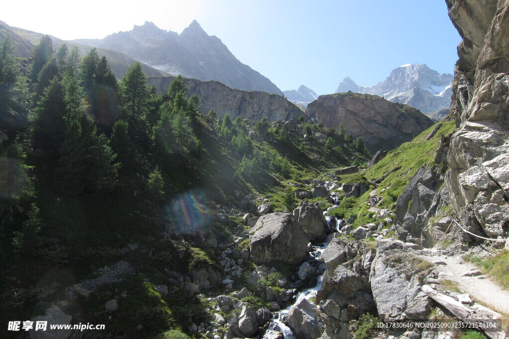 山间溪流与葱郁山林美景