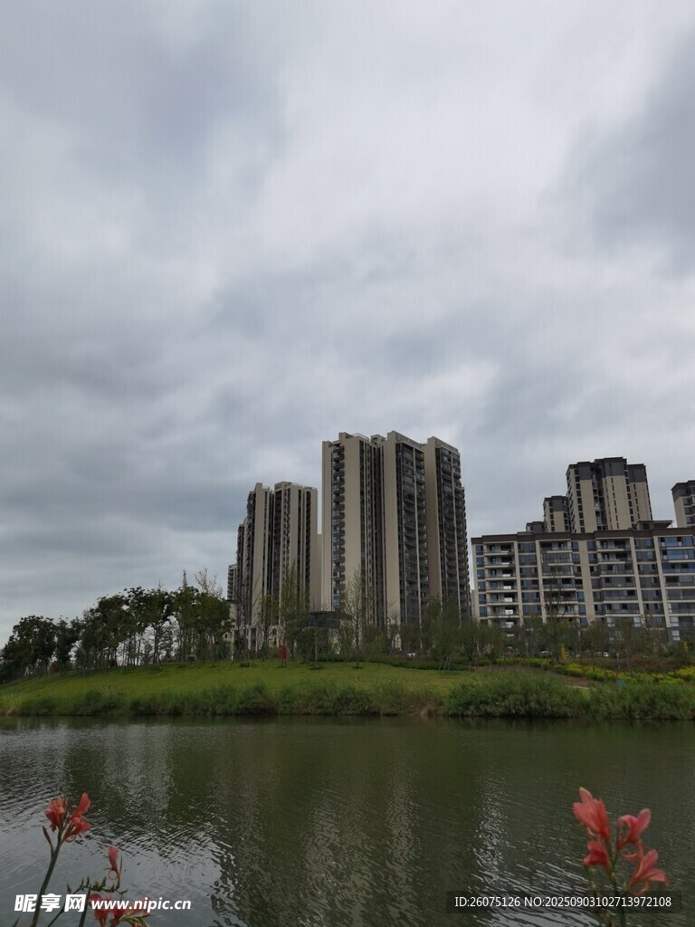 湖畔高楼阴天下的城市景致