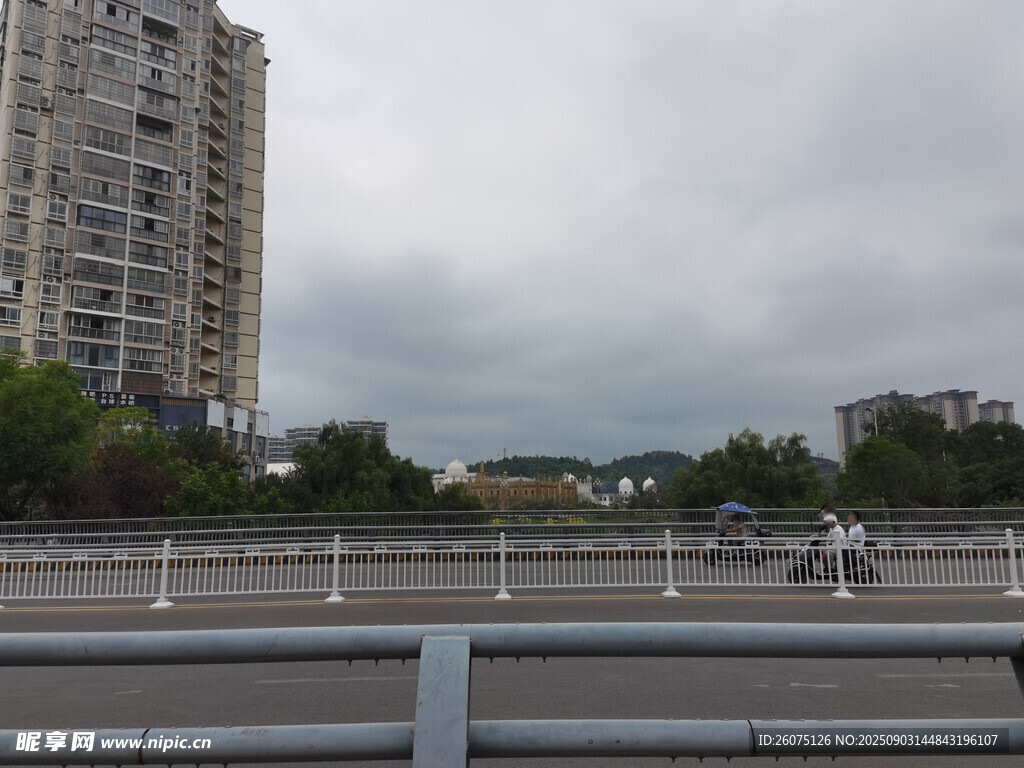城市高架桥旁的日常景象