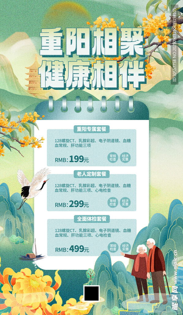 重阳节老年体检绿色国潮古风海报